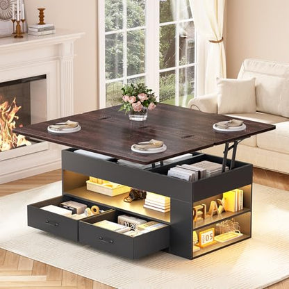 Itaar Lift Top Coffee Table, 4 in 1 Coffee Tables with Storage and Hidden Compartment, Farmhouse Coffee Table with 2 Fabric Drawers & LED Light for Living Room, Black - color: Black