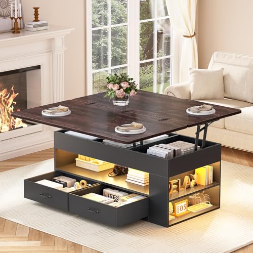 Itaar Lift Top Coffee Table, 4 in 1 Coffee Tables with Storage and Hidden Compartment, Farmhouse Coffee Table with 2 Fabric Drawers & LED Light for Living Room, Black - color: Black