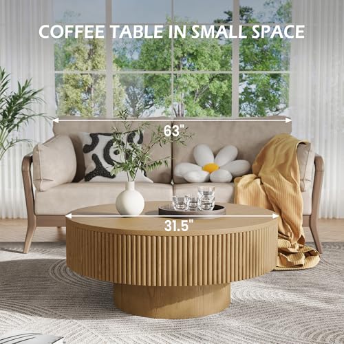 YOUDENOVA 31.5” Round Fluted Coffee Table, Modern Wood Circle Coffee Table, Veneer Handcrafted Relief Tea Table with Sturdy Pedestal for Living Room - Natural - color: 31" Natural-round