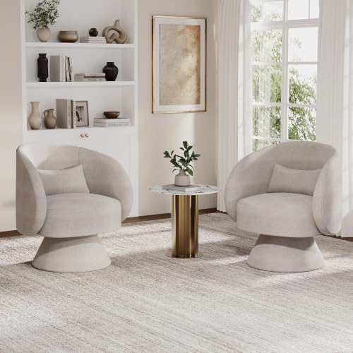 Swivel Barrel Chair Set of 2 , 360 Degree Small Accent Chair, Linen Beige | Modern 360 Degree Swivel Barrel Chair Set, Comfy Small Vanity Accent Chair with Pillow for Living Room,Bedroom,Office - color: Beige White