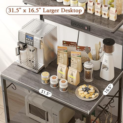 SUPERJARE Bakers Rack with Power Outlets, Microwave Stand, 31.5 X 16.5 Inch Larger Desktop, Kitchen Storage Rack with Adjustable Middle Shelf, 6 S-Shaped Hooks, Coffee Bar Stand, Grey - color: Charcoal Gray, size: 31.5 inch