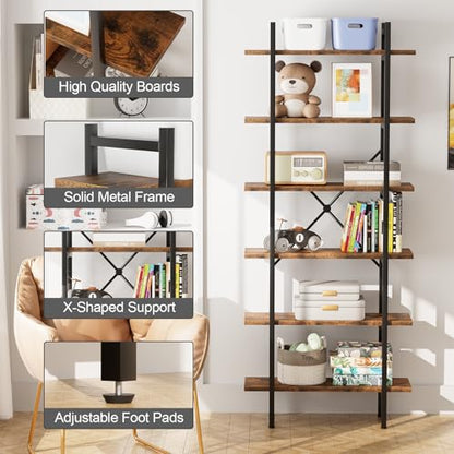 6 Tiers Bookshelf Organizer Industrial Tall Shelving, Modern Open Bookcase | Brown - color: Rustic Brown, size: 6-Tiers