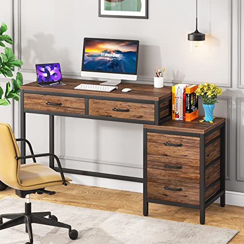 Tribesigns Computer Desk with 5 Drawers, Reversible Home Office Desks | Small Desk with Drawer Cabinet Printer Stand, PC Desk with Storage, Rustic Study Writing Table Workstation for Small Spaces - color: Rustic Brown