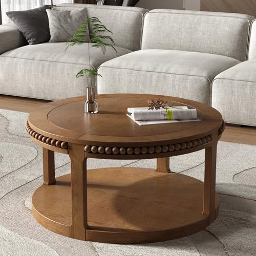 Round Wood Coffee Table, Farmhouse Rustic Circle Coffee Tables, 2-Tier Solid Wood Coffee Table for Living Room Apartment Office-31.5'' Walnut - color: 2tier-walnut Wood, size: 31.5''Round