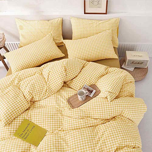 Yellow Grid Queen Size Duvet Cover Set 3 Piece, 90x90 Inch | Gingham Buffalo Check Geometric Pattern Microfiber Bed Comforter Cover Set, Soft & Lightweight Plaid Bedding Quilt Cover - color: Yellow Grid, size: Queen