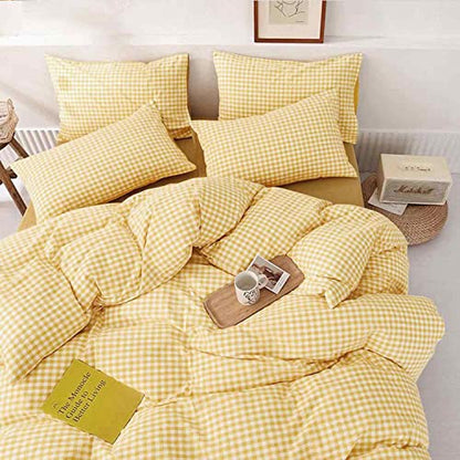 Yellow Grid Queen Size Duvet Cover Set 3 Piece, 90x90 Inch | Gingham Buffalo Check Geometric Pattern Microfiber Bed Comforter Cover Set, Soft & Lightweight Plaid Bedding Quilt Cover - color: Yellow Grid, size: Queen