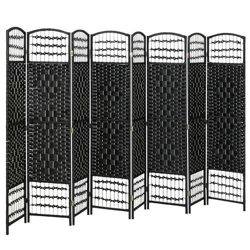 HOMCOM 8 Panel Room Divider, Folding Privacy Screen, 5.6', Black | Room Separator, Wave Fiber Freestanding Partition Wall Divider - color: Black, size: 8 Panel