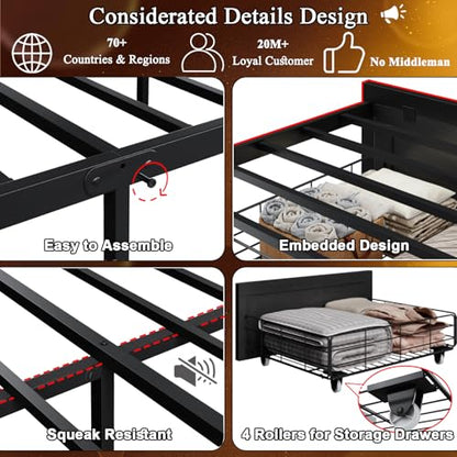 Queen Bed Frame with Storage Headboard, Farmhouse Platform Bed Frame with Bookshelf, Drawers, LED Lights and Charging Station, Metal Slats Support, Noise Free, No Box Spring Needed, Black - size: Queen