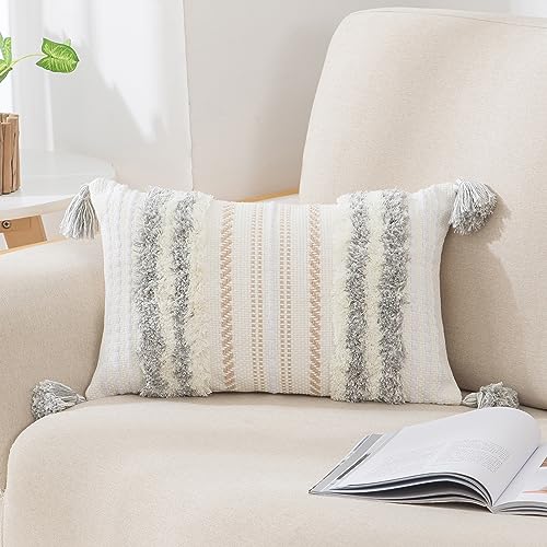 decorUhome Light Grey and Cream White Throw Pillow Cover 12x20 Pack of 1 | Decorative Boho Lumbar Accent Pillow Cover Neutral Modern Farmhouse Tufted Textured Pillow Cover for Couch Bed Sofa - color: Light Grey and Cream White, size: 20" x 12" (Pack of 1)