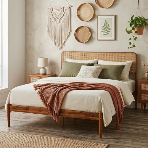 Giantex Wooden Bed Frame Full Size, Rattan Headboard Platform Bed (Full) | Wooden Slat Support, Acacia Wood Mattress Foundation No Box Spring Needed - size: Full