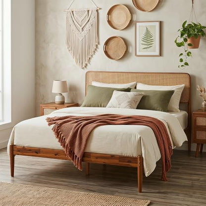 Giantex Wooden Bed Frame Full Size, Rattan Headboard Platform Bed (Full) | Wooden Slat Support, Acacia Wood Mattress Foundation No Box Spring Needed - size: Full