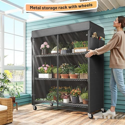 REIBII 4-Tier Shelving Unit with Cover, Dustproof, with Wheels for Pantry | Heavy-duty steel, 794 lbs capacity, Dustproof cover with zippered access, 4 lockable wheels, Adjustable, Tool-free assembly - size: 36" W x 14.3" D x 56.5" H