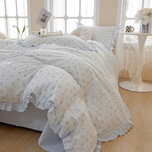 Blue Floral Duvet Cover Full Blue Ruffle Boho Comforter Cover Full Size Coquette Cotton Cozy Lightweight Duvet Cover Set with Hidden Zipper Cute Bedding Sets Aesthetic Duvet Protector - color: B Ruffle Floral01, size: Full(Duvet Cover and 2 Pillows Sham)