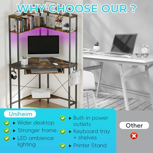 Corner Desk with Hutch and LED Light, Keyboard Tray, Rustic Brown - color: Rustic Brown