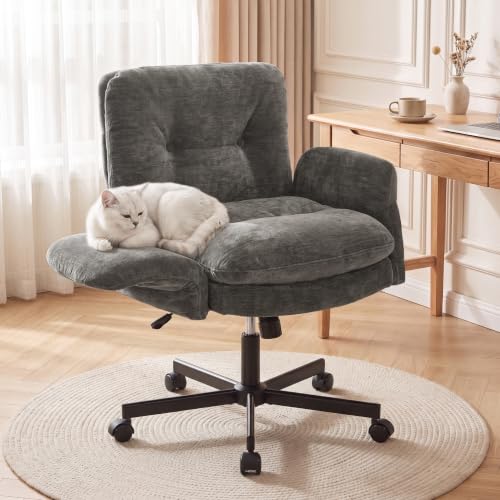 FiveWillowise Cross Legged Office Chair with Flip-up Arms&Low Back,Grey | Criss Cross Chair With Thicken Wide Seat,Lounge Makeup Vanity Chairs with Side Pockets,Comfy Home Office Desk Chair,Chenille - color: Grey