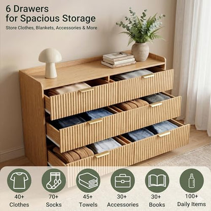 Modern Fluted 6 Drawer Dresser for Bedroom, 47"W x 26"H, Natural Oak | Wooden chest of drawers with metal handles, horizontal TV stand tops, smooth-gliding drawers, anti-drop panels, anti-tip kit - size: 15.6"D x 47.2"W x 26.8"H (6 Drawers)