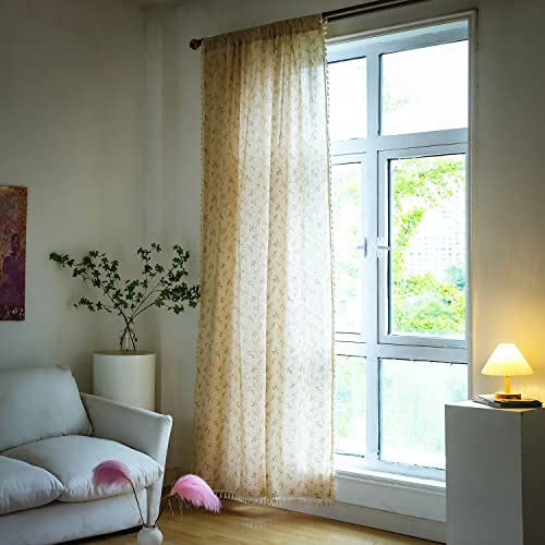 Deeprove Boho Florals Curtains, Bohemian Country Farmhouse Window Treatment Cotton Linen Drape with Tassels for Bedroom Nursery Room, Rod Pocket, 1 Panel 59" W x 84" L, Beige - color: Beige Florals, size: 59"W x 84"L (Pack of 1)
