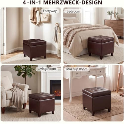Storage Ottoman, 17" Fuax Leather Square Tufted Footrest Stool with Hinged Lid & Wooden Legs, Extra Seat or Coffee Table for Living Room, Bedroom, Entryway, Tan Brown - color: Tan Brown Leather