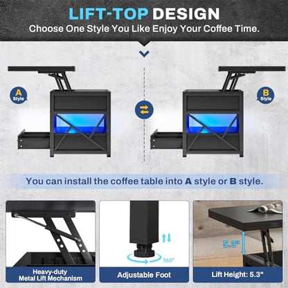 Itaar 40" Lift Top Coffee Table, 4 in 1 Coffee Tables with Storage for Living Room, Small Farmhouse Coffee Table with 2 Drawers & LED Light for Dining Reception Room, Black - color: Black