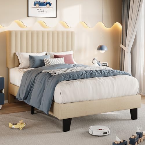 Einhomn Twin Size Bed Frame with Headboard, Upholstered Linen Platform Bedframe with Solid Wooden Slats, Noise-Free, No Box Spring Needed, Easy Assembly, Beige - color: Beige, size: Twin