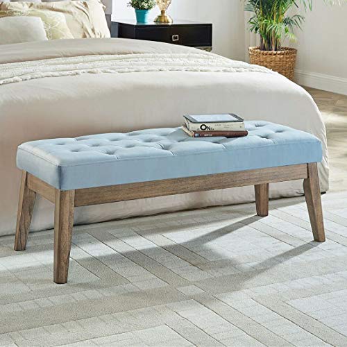 24KF Velvet Upholstered Buttons Tufted Entryway Bench with Solid Wood Leg,Bed Bench Ottoman with Padded Seat,5034-Seaglass - color: Seaglass Velvet, size: Tufted Bench with Solid Wooden Base