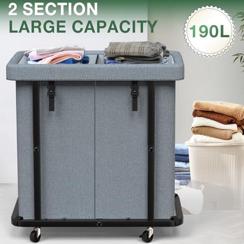 Laundry Basket with Lid,190L Rolling Laundry Hamper with Wheels,Grey | Dirty Clothes Hamper with Metal Frame and Removable Bag Design, Suitable for Laundry Room, Bedroom(2 Section) - color: Grey, size: 2 Section