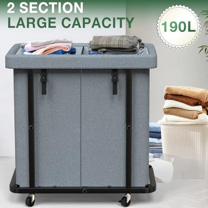 Laundry Basket with Lid,190L Rolling Laundry Hamper with Wheels,Grey | Dirty Clothes Hamper with Metal Frame and Removable Bag Design, Suitable for Laundry Room, Bedroom(2 Section) - color: Grey, size: 2 Section