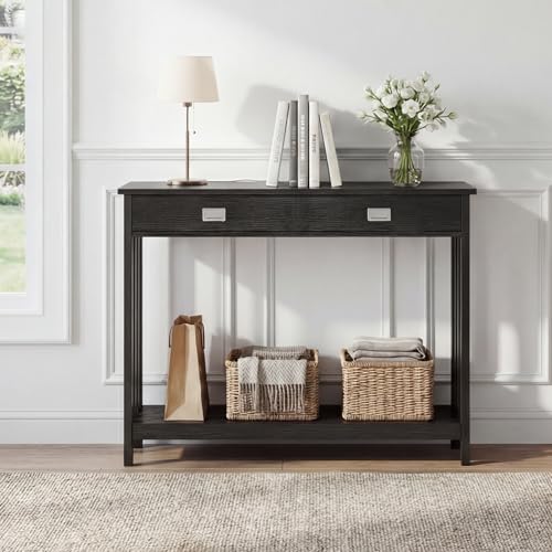 ChooChoo 39" Black Entryway Table with Drawer and Storage Shelf | 11.8"D x 39.4"W x 31.5"H, Narrow Console Table, Sofa Table for Living Room, Entryway, and Hallway - color: Black, size: 11.8"D x 39.4"W x 31.5"H