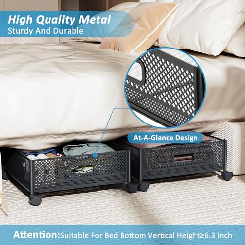 Under Bed Storage with Wheels 47.2"(L)/57.6L Large Rolling Under Bed Storage, Metal Underbed Containers on Wheels, Tool-Free Assembly Foldable Metal Underbed Drawers for Shoes Clothes Toys - size: 2 Pack (47.2×15.7")