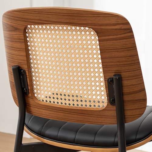 Rattan Dining Room Chairs Set of 4,Mid Century Black PU Leather Kitchen Chairs,Upholstered Seat Metal Legs Chairs with Adjustable Foot Pads,Walnut Armless Side Chairs - color: Black, size: Set of 4