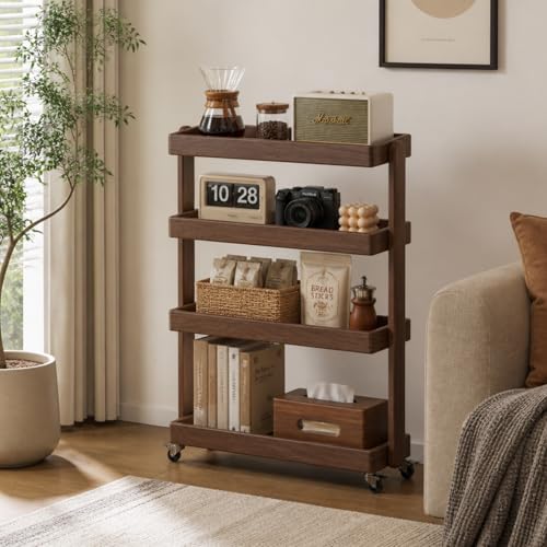 Small Narrow Side Table with Wheels, Skinny End Table for Small Spaces, 4 Tier Side Table for Living Room Bedroom(Walnut, 11.81" D x 23.62" W x 31.89" H) - color: Walnut, size: 11.81"D x 23.62"W