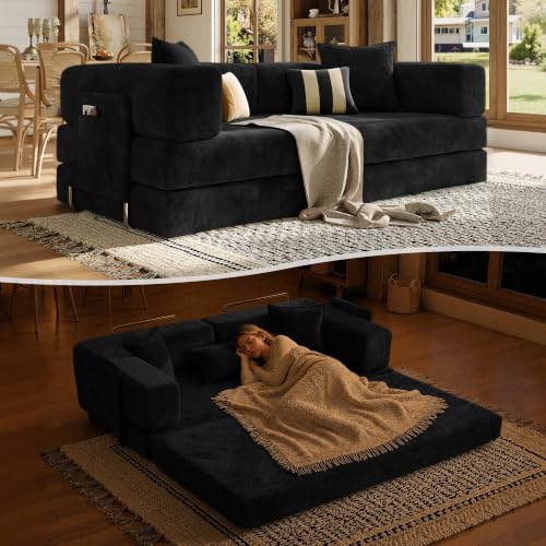 79" Convertible Futon Sofa Bed, Boneless Couch for Living Room | Pet scratch-resistant velour, dual-firmness full-block foam cushions, pull-out sleeper couch, no assembly, Black - color: Black, size: 78IN