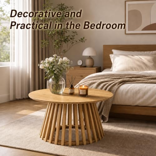 HNY Natural Round Coffee Table, Wood 31.5" Center Table for Living Room | Modern Mid Century Circle Coffee Table with Fluted Base for Outdoor Patio, Home Small Space, Bedroom, Apartment, Studio - color: Natural