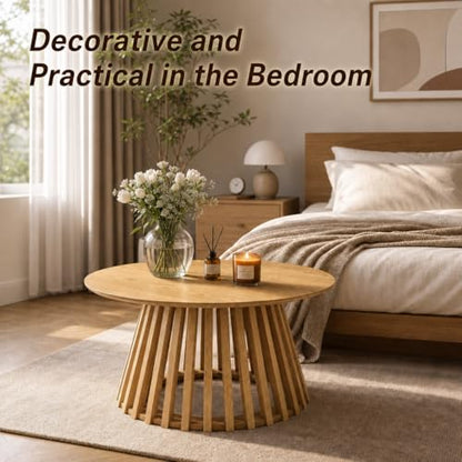 HNY Natural Round Coffee Table, Wood 31.5" Center Table for Living Room | Modern Mid Century Circle Coffee Table with Fluted Base for Outdoor Patio, Home Small Space, Bedroom, Apartment, Studio - color: Natural
