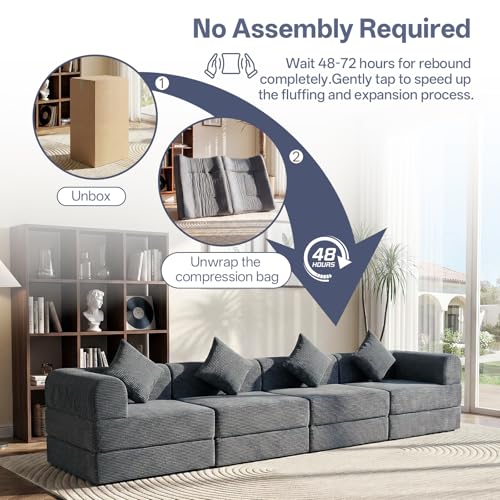 112" L Shaped Modular Sectional Sofa with Ottoman, Cloud Boneless Couch Deep Seat with 4 Pillows, Oversized Folding Sofa Bed Couches for Living Room Bedroom,No Assembly-Grey - color: Grey, size: 4 Seat