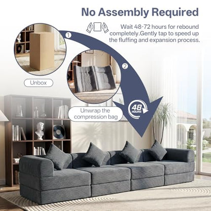 112" L Shaped Modular Sectional Sofa with Ottoman, Cloud Boneless Couch Deep Seat with 4 Pillows, Oversized Folding Sofa Bed Couches for Living Room Bedroom,No Assembly-Grey - color: Grey, size: 4 Seat