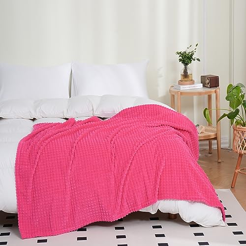Puncuntex Fleece Throw Blanket Hot Pink 108"×90" with Square Grid Design | Super Soft Plush Cozy Flannel Throw Blanket Luxury for Couch Sofa Chair - color: Hot Pink, size: 108"×90"