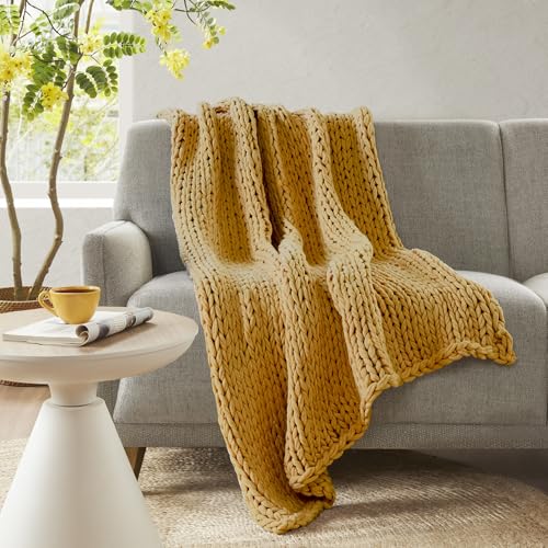 Madison Park Chunky Double Knit All Season Throw Blanket, 50 x 60, Yellow | Ultra Soft, Acrylic, Cozy Warmth for Sofa or Bed, Lightweight, Boho, OEKO-TEX Certified - color: Yellow