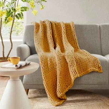Madison Park Chunky Double Knit All Season Throw Blanket, 50 x 60, Yellow | Ultra Soft, Acrylic, Cozy Warmth for Sofa or Bed, Lightweight, Boho, OEKO-TEX Certified - color: Yellow