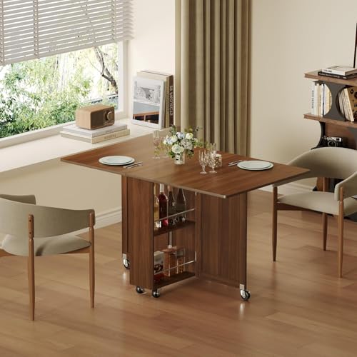 Folding Dining Table for 2-6, Designed for Small Spaces, Walnut | 52.7" Folding Dining Table with 6 Wheels, Drop Leaf Table with Drawers, Shelves and Wine Rack for Small Spaces - color: Walnut
