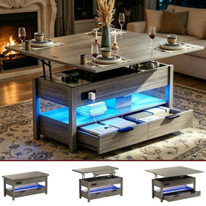 40" Lift Top Smart Coffee Table for Living Room | Power Outlets, LED Lights, Lifting Top, Storage Drawers & Compartments, for 4-6 People, Grey - color: Grey