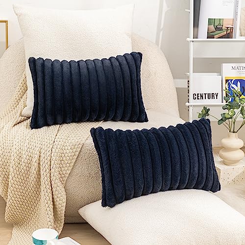 Uhomy Faux Fur Plush Throw Pillow Covers 12x20 Pack of 2 Luxury Super Soft Fluffy Striped Decorative Pillow Covers for Sofa, Bed, Couch, Living Room, Navy Blue 30x50 cm - color: Navy Blue, size: 20" x 12" (Pack of 2)