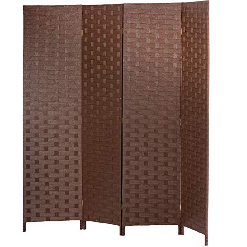 FDW 4-Panel Folding Room Divider | 6ft, Brown | Light & Portable | Wooden Wall Divider with Hand Woven Mesh | Easy to Move Privacy Screen | For Space Separation, Living Room, Bedroom, Office - color: Brown, size: 4 Panel