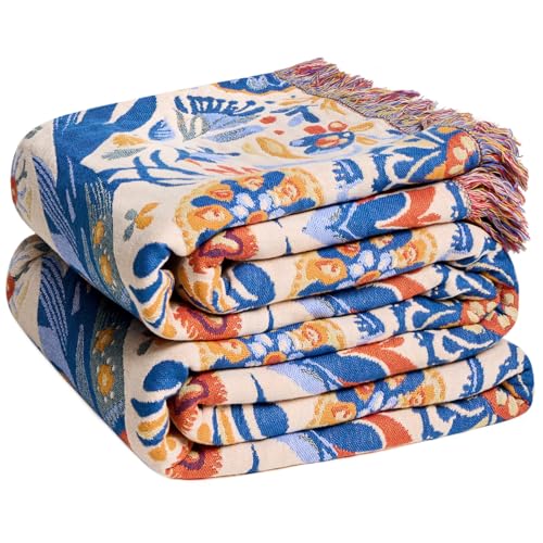 Boho Throw Blanket - 100% Cotton 50"x60" Cozy Blanket for Bed Women | All Seasons Lightweight Breathable, Reversible Floral Bird Lap Blanket, 4-Layer Soft Muslin, Couch&Sofa, Luxury Durability - color: 26-blue Bird, size: (50"x60")Throw
