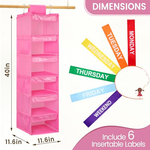 2 Pack 6-Shelf Weekly Clothes Organizer for Kids, Hanging Daily Closet Organization with 6 Side Pockets, Days of The Week Clothing Divider Storage for Boys and Girls (Pink) - color: Pink-02