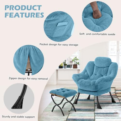 Lazy Chair with Folding Ottoman,Leisure Sofa Chair,Soft Fabric Armchair with Armrests and Side Pockets, Reading Chair with Footrest for Living Room, Bedroom, Office (Plush Blue) - color: Plush Blue