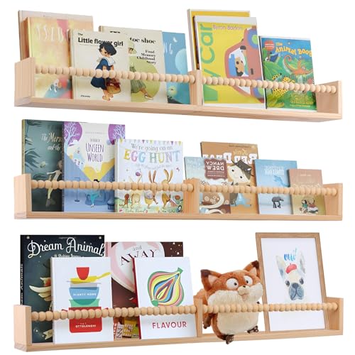 birola Nursery Shelves with Beads Design - 32 Inches Wall Book Shelves Set of 3, Space-Saving Nursery Book Shelves for Kids Room, Bedroom and Study Room(Natural)