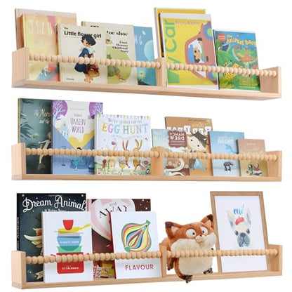 birola Nursery Shelves with Beads Design - 32 Inches Wall Book Shelves Set of 3, Space-Saving Nursery Book Shelves for Kids Room, Bedroom and Study Room(Natural)