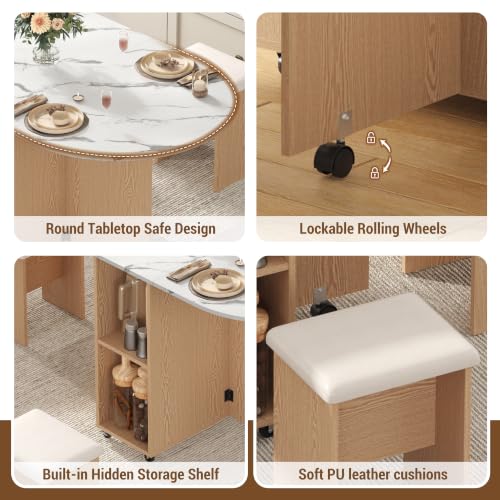 60" Extendable Drop Leaf Dining Table Set with 4 Leather Chairs,Storage,5 Pcs Oval Foldable Kitchen Table and Chairs Set for 4-8 People,6 Wheels,Folding Table Set for Small Space Saving,White Marble - color: White Marble