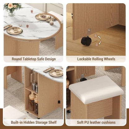60" Extendable Drop Leaf Dining Table Set with 4 Leather Chairs,Storage,5 Pcs Oval Foldable Kitchen Table and Chairs Set for 4-8 People,6 Wheels,Folding Table Set for Small Space Saving,White Marble - color: White Marble